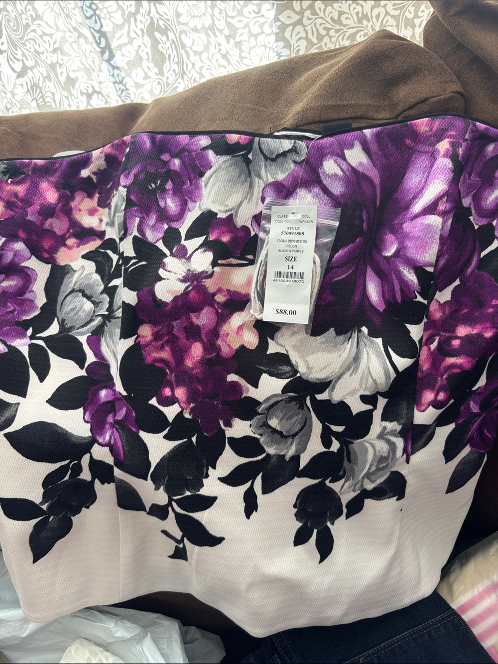 White House Black Market Purple, Black & White Floral Crop Top